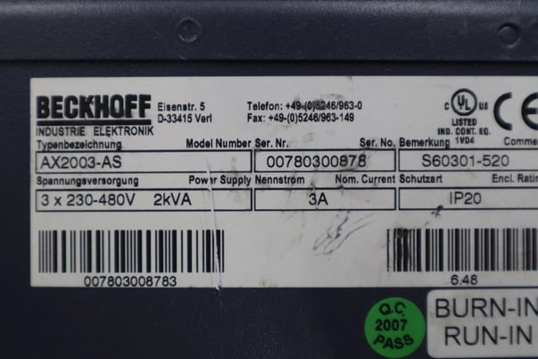 Beckhoff #AX2003-AS S60301-520 Digital Compact Servo Drive Amplifier STK K-413-D - Image 2
