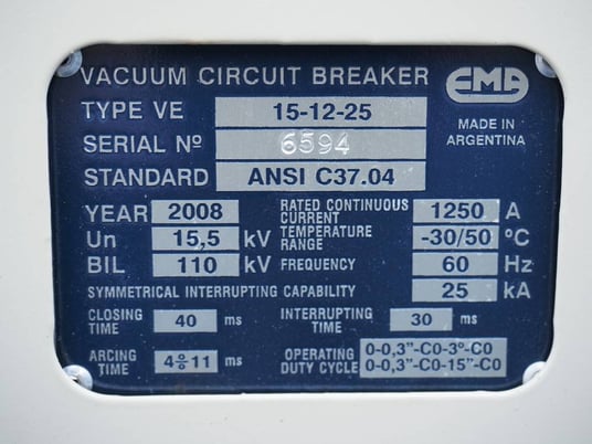 1250 Amp, EMA, No. VDH-15kV, 15500 Volts, Vacuum, 25kA Short, Unused - Image 2