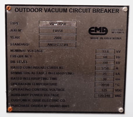 1250 Amp, EMA, No. VDH-15kV, 15500 Volts, Vacuum, 25kA Short, Unused - Image 3