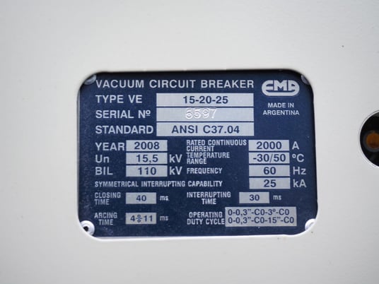 2000 Amp, EMA, No. VDH-15kV, 15500 Volts, Vacuum, 25kA Short, Unused - Image 2