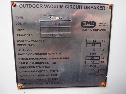 2000 Amp, EMA, No. VDH-15kV, 15500 Volts, Vacuum, 25kA Short, Unused - Image 3