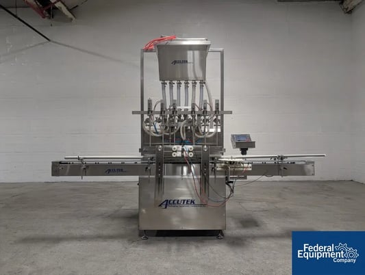 AccuTek #AVF6, Inline Piston Filler, Stainless Steel, 6 head, diving heads, conveyor, reservoir, 110 V., 2010 - Image 1