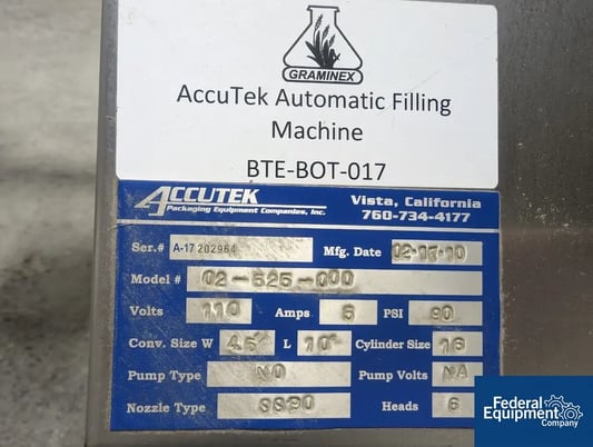 AccuTek #AVF6, Inline Piston Filler, Stainless Steel, 6 head, diving heads, conveyor, reservoir, 110 V., 2010 - Image 2