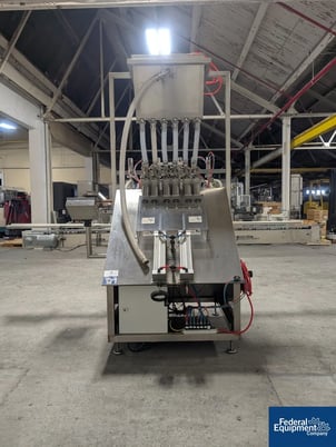 AccuTek #AVF6, Inline Piston Filler, Stainless Steel, 6 head, diving heads, conveyor, reservoir, 110 V., 2010 - Image 4