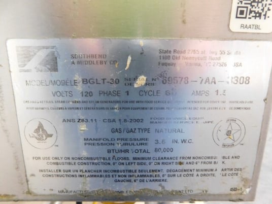 Southbend #BGLT-30, tilting skillet braising pan, 30 gallon, 80000 BTU - Image 9