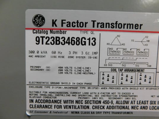 300 KVA 480 Primary, 208/120 Secondary, General Electric 9T23B3468G13 transformer - Image 10