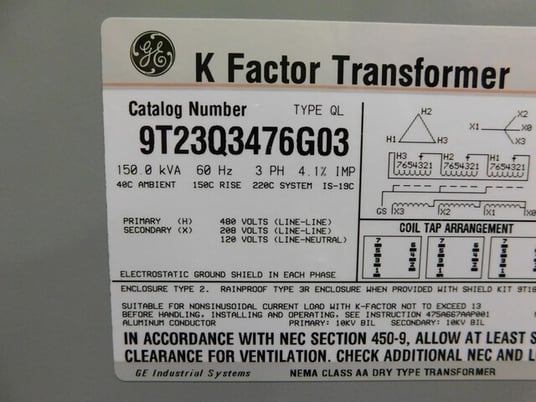 150 KVA 480 Primary, 208/120 Secondary, General Electric 9T23Q3476G03 transformer - Image 10