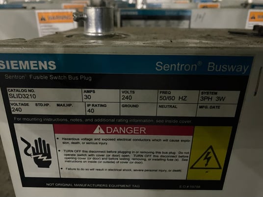 30 Amps, Siemens Sentron, Catalog #3SLID3210, 3ph 3wire Fusible Switch Bus Plugs, 240 Volts - Image 1