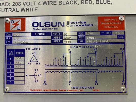2500 KVA 460 Primary, 208Y/120 Secondary, Olsun Transformer, 3 Phase - Image 1