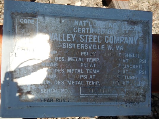 36 sq.ft., 200 psi shell, 150 psi tube, Valley Steel Co., Carbon Steel Shell/Tube Heat Exchanger, U-Stamped - Image 2