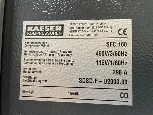 145 psig, Kaeser #SFC160 145, rotary screw air compressor, 220 HP, 2006, obo - Image 3