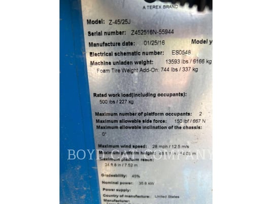 Genie Industries Z45/25J G84, Articulated Boom Lift, 1905 hours, S/N: Z452516N-55944, 2016 - Image 6