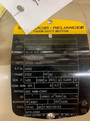 10 -14 HP 3450 RPM Baldor, Frame 215Z, TEAO, 208/230-460 Volts - Image 1