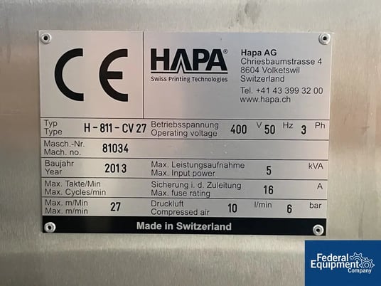 Hapa #H-811-CV27, Label Printer, 72mm width, 700 label/min, CE rated, Hapa112 Control, 400 V., 2013 - Image 3