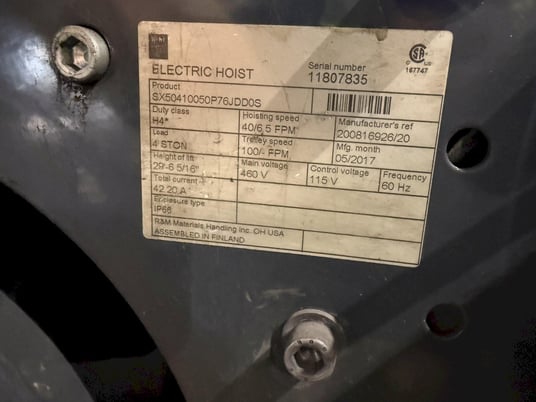 4 Ton, Spacesaver #SX50410050P76JDDOS, electric hoist, 29.6'lift, 460 V., 2017 - Image 2