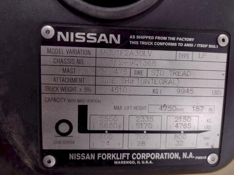 5650 lb. Nissan #MCU1F2A30LV, LP-gas triple mast forklift - Image 3