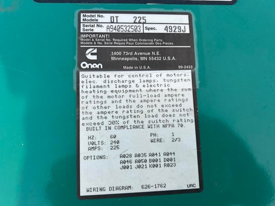 225 Amp. Cummins, Onan OT225, automatic transfer switch, Nema 1, 240 Volts, 1994 - Image 4
