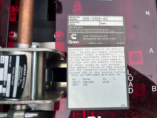 225 Amp. Cummins, Onan OT225, automatic transfer switch, Nema 1, 240 Volts, 1994 - Image 8