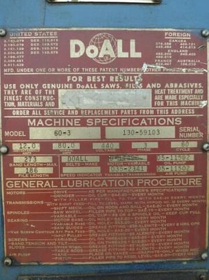 60" Doall #60-3, deep throat vertical contour bandsaw, 273" blade length, hydraulic blade tension Control - Image 2