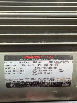20 HP 3525 RPM U.S. Motors #Unimount-125, Frame 256T, 3Ph, A936/P07P128R022F - Image 6