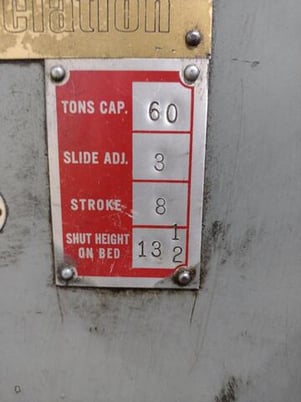 60 Ton, Bliss #C-60, OBI Stamping Punch Press, 8" Stroke, 3" Slide Adjustment, 13.5" Shut H, 31.5" x 22" Bed - Image 2