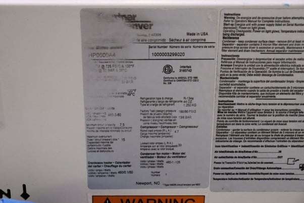 100&deg;F, 725 psig, Gardner Denver #HP0500A4, high pressure air dryer, R-134a, 460 v. - Image 7