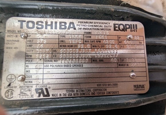 50 HP RPM Toshiba B0502FLG30MHJ01, electric driver, Frame 326TS, 575 Volts, 2011 - Image 2