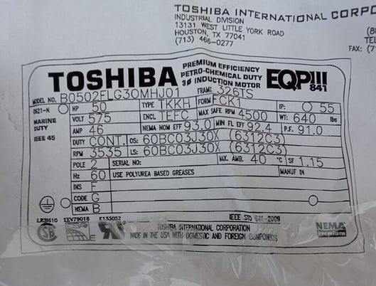 50 HP RPM Toshiba B0502FLG30MHJ01, electric driver, Frame 326TS, 575 Volts, 2011 - Image 3