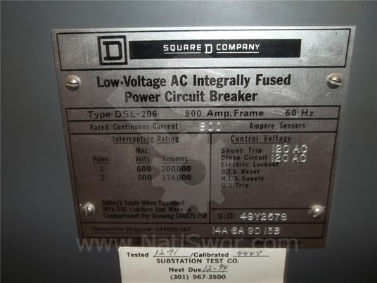 800 Amps Square D Dsl-206 Eo/do 120 Volts AC Controls, Amptector Ii-a Du Li, 800 Amps Ct, 1600 Amps Fuse - Image 6