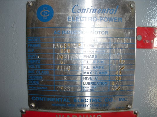 1000 HP 1200 RPM Continental, Frame 689HSP, WPIBB, 4160 Volts - Image 3