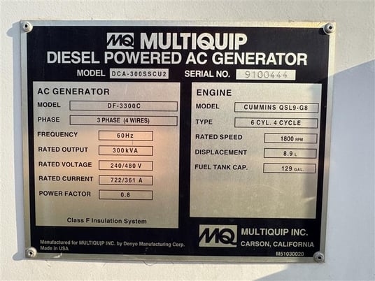 240 KW Cummins #DCA-300SSCU2, diesel generator set, 277/480 Volts, 3-phase, 433 HP @ 1800 RPM, QSL9-G8 NR4 - Image 6