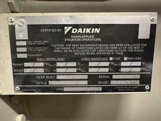 560 Ton, Daikin #WME092CSCSNA, shell & tube chiller, Water cooled, R134A, 35157 hours, 2020 - Image 3