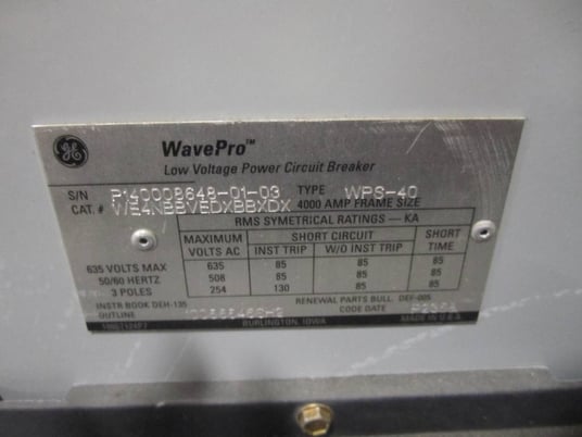4000 Amp, GENERAL ELECTRIC, WPS-40, 480 Volts, electrically operated, drawout, 48 VDC, BELL ALARM, LSG - Image 2