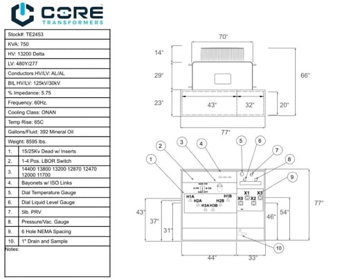 750 KVA 13200 Delta Primary, 480Y/277 Secondary, Pad, new, (immediate shipment available) - Image 7