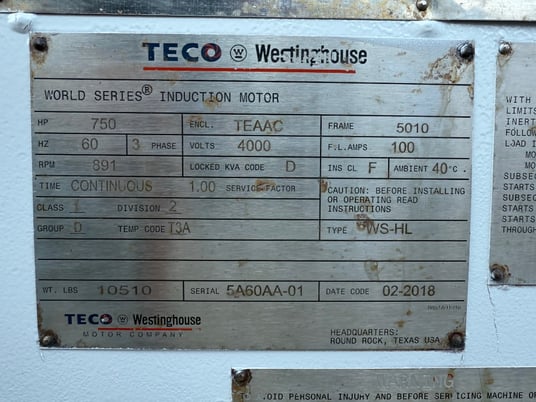 750 HP 891 RPM Teco Westinghouse, Frame 5010, TEAAC, SB, 4000 Volts - Image 1