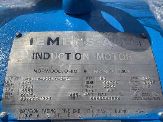 450 HP 3600 RPM Siemens-allis, Frame 447TS, Drip-Proof Ball Bearing, 2300 Volts - Image 3