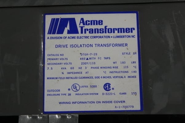 7.5 KVA 460 Primary, 230Y/133 Secondary, Acme, Drive Isolation Transformer, 3 Phase, 60 Hz - Image 2