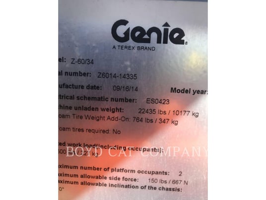 Genie Industries Z60/34 4WD G84, Articulated Boom Lift, 1650 hours, S/N: Z6014-14335, 2014 - Image 6