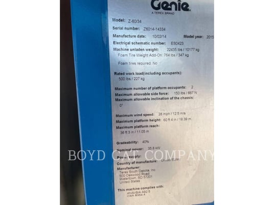 Genie Industries Z60/34 4WD G84, Articulated Boom Lift, 2255 hours, S/N: Z6014-14334, 2014 - Image 6