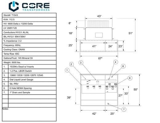 112.5 KVA 13200/4800 Delta Primary, 208Y/120 Secondary, PAD, Recon(shipment available in 10 days) - Image 1