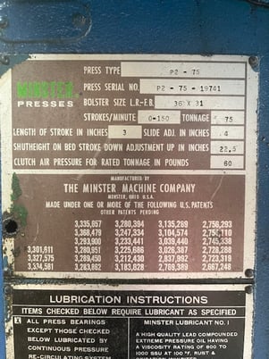 75 Ton, Minster #P2-75, straight side double crank, 3" stroke, 22.5" Shut Height, 4" adj., 150 SPM, Wintriss - Image 4