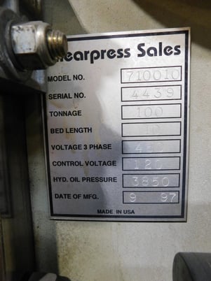 100 ton, Accurpress #710010, press brake, 10' overall, cnc Back Gauge, ETS200 cnc 2-axis Control, 1997 - Image 6