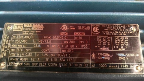 60 HP 900 RPM Weg, Frame 404/5T, TEFC, 230/460 Volts - Image 4