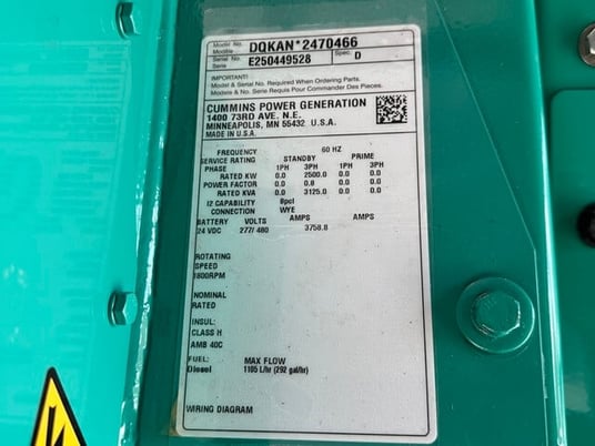 1825 KW Caterpillar #3516, Diesel Generator, 2447 HP, #3516 Engine, 480 Volts, Open Skid, 1,574 Hrs, 1995 - Image 10