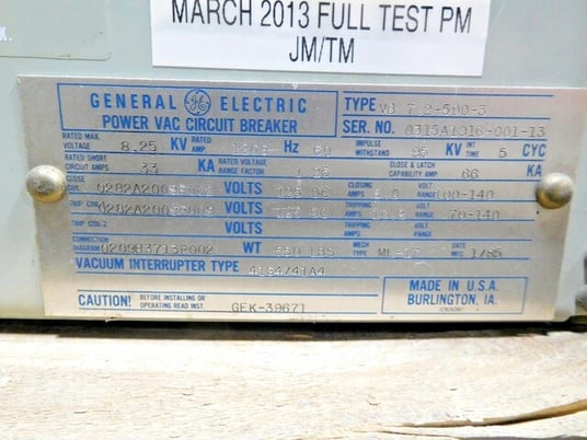 1200 Amps, General Electric, VB-7.2-500-3, Power VAC Circuit Breaker, 8.25 KV, 125 VDC - Image 8