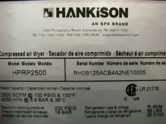 2500 cfm, 100 psi, Hankison #HPRP, refrigerated, air cooled, 460 V., 2010, #A-2557 - Image 1