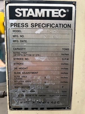80 Ton, Stamtec #G1-80, C Frame OBI Press, 39" bed RL, 50-120 SPM, 2.76" stroke - Image 8