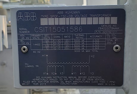 14 KV 25000 V, 14400 V PRI, Sec. 120/72 V SEC, 120/200:1, ABB/KUHLMAN SPOF-150DB - Image 2