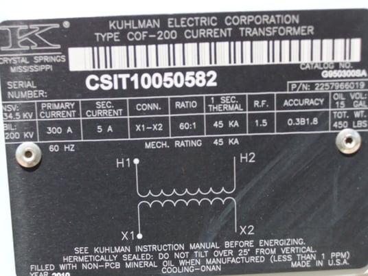 34 kV 34 kV, Pri.300A, Sec., 5A, 34.5 KV, KUHLMAN COF-200 CT'S, 60:1 RATIO, 200 KV BIL - Image 3