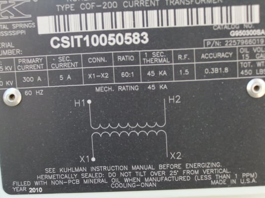 34 kV 34 kV, Pri.300A, Sec., 5A, 34.5 KV, KUHLMAN COF-200 CT'S, 60:1 RATIO, 200 KV BIL - Image 4